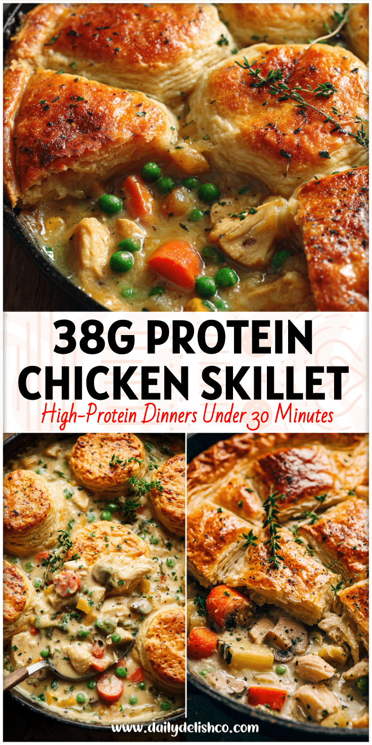 Golden dairy free chicken pot pie skillet with vegetables, a cozy one pot easy fall healthy dinner idea.